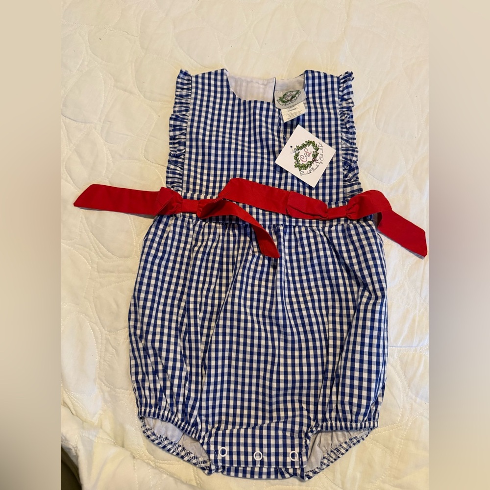 Blue and White Gingham Kids Bodysuit with Red Accents